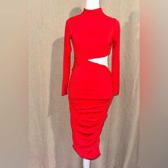 Long Sleeve Mock Neck One Piece Cutout Ruched Bodycon Midi Party Dress - Picture 2 of 5